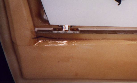 The elevator spar was Q-celled front and back and a one layer laminate applied to the back of the spar/elevator joint. Notice amount of outboard hinge that needed to be trimmed to allow clearance.