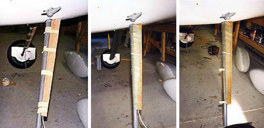 A wooden stiffener attached to the GlaStar gear leg dampens the forward-aft motion of the gear during ground operations