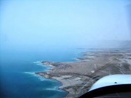 Flying along the west coast of the Dead Sea.