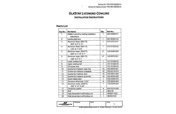 063-09009-01 GlaStar Lycoming Cowling Installation Instructions