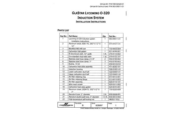 063-09011-01 GlaStar Lycoming O-320 Induction System Installation Instructions