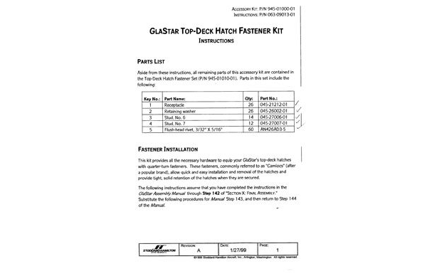 063-09013-01 GlaStar Top Deck Hatch Fastener Kit Instructions