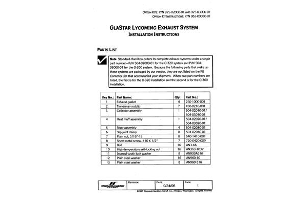 063-09030-01 GlaStar Lycoming Exhaust System Installation Instructions