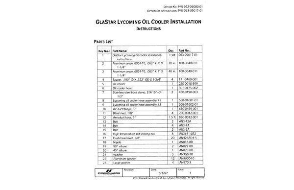 063-09017-01 GlaStar Lycoming Oil Cooler Installation Instructions