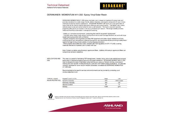 Derakane 411-350 Epoxy Vinyl Ester Technical Data Sheet