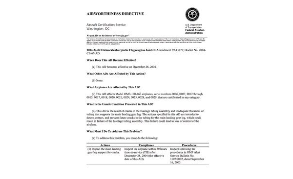 OMF Symphony-FAA Airworthiness Directive-Landing gear tube cracks