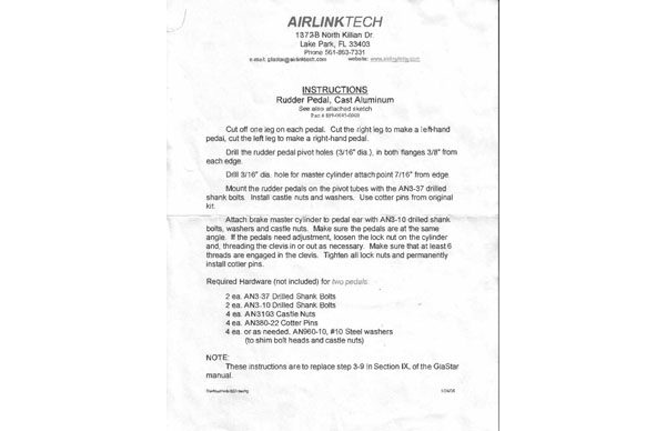 Airlink cast aluminum rudder pedals instructions 899-0045-0000