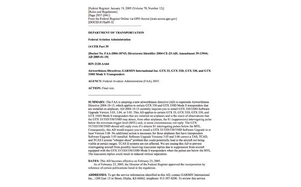 OMF Symphony-FAA Airworthiness Directive-Garmin transponders