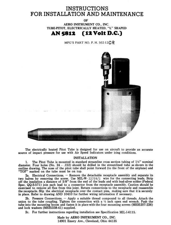 Aero Instrument AN 5812 Heated Pitot Installation and Maintenance