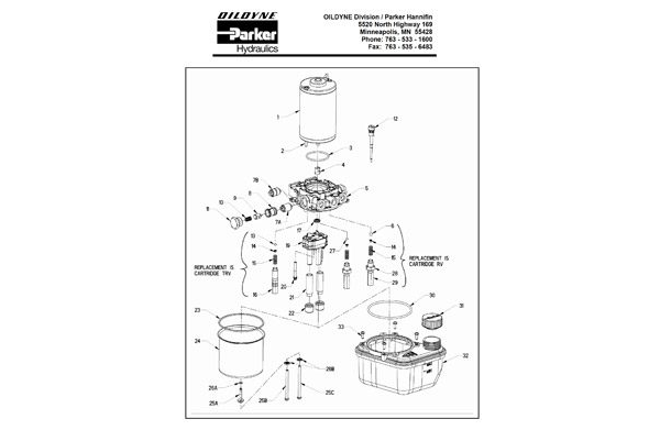 Oildyne Parker 108 Series Power Unit Generic Exploded View Drawing