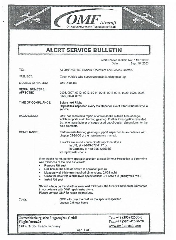 OMF-100-160 Symphony Alert Service Bulletin 1107/0002