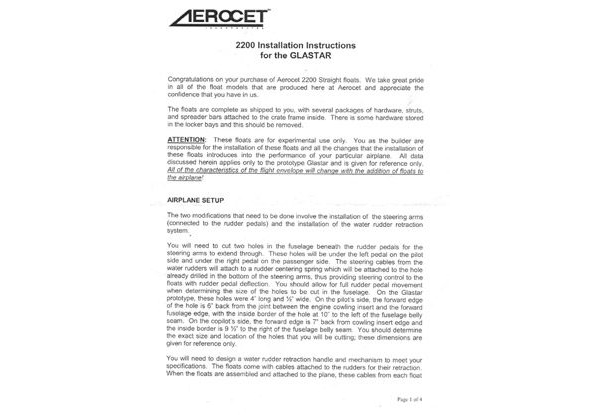 Aerocet 2200 Straight Floats Installation Manual for GlaStar