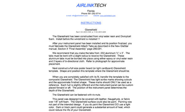 Airlink GlaStar Glareshield Instructions 101-0033-3300