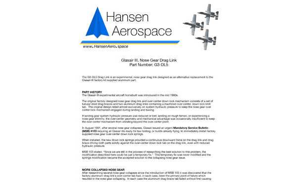 Hansen Aerospace Glasair Drag Link White paper