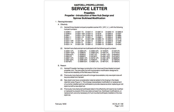 Hartzel Propeller Service Letter HC-SL-61-199 Feb 2000