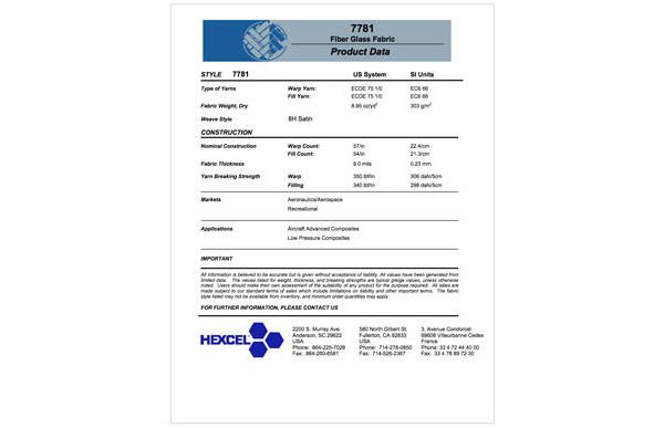 Hexcel Fiberglass Fabric 7781 Product Data