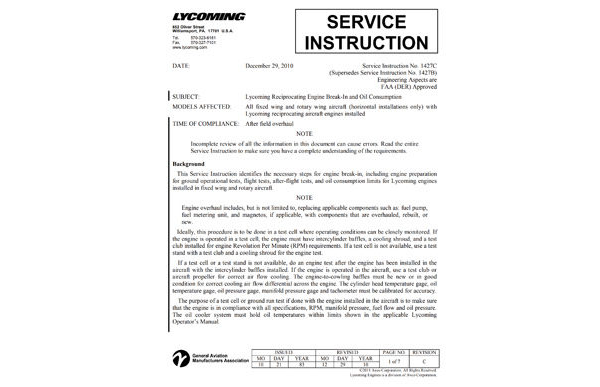 Lycoming Service Instruction No. 1427C