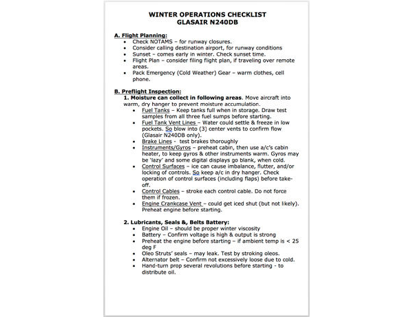 Winter Ops Checklist - Glasair
