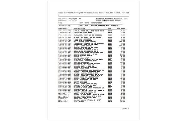 303-0232-501 Glasair Rudder Starter Kit Parts List