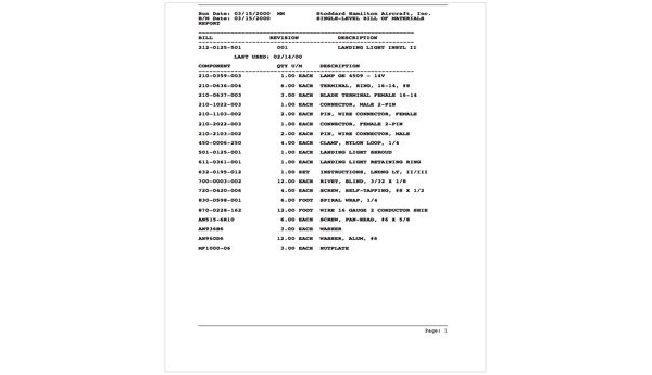 Glasair Landing Light Parts List