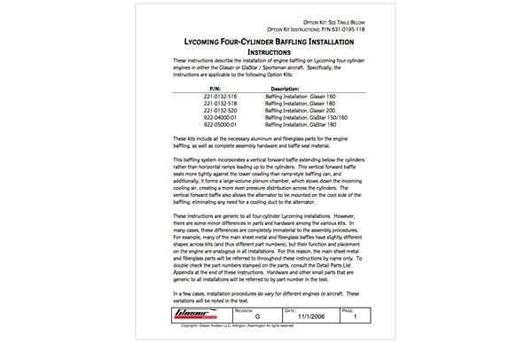 631-0195-118 Glasair and GlaStar Lycoming Four-Cylinder Baffling Installation Instructions