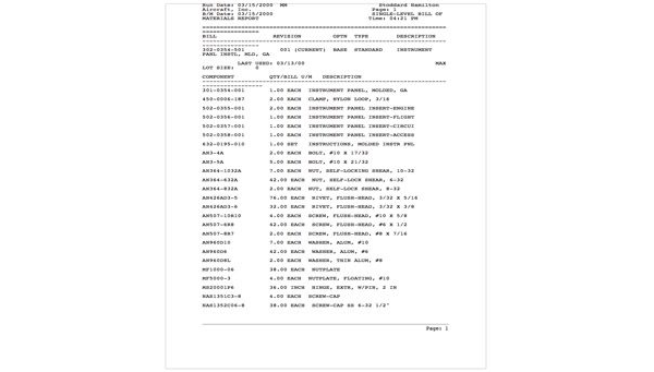 Glasair Instrument Panel Parts List