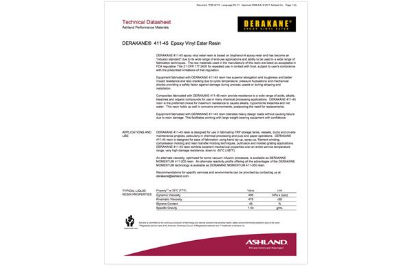 Derakane 411-45 Epoxy Vinyl Ester Technical Data Sheet