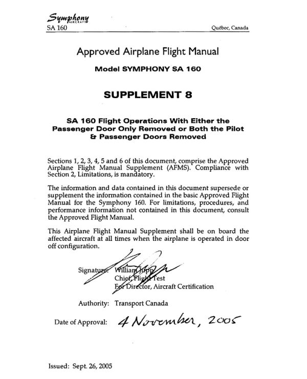 Symphony SA-160 Flight Manual Supplement 8